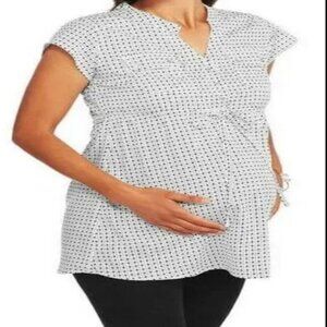 Women's Times Two Maternity Heart Print Cap Sleeve Tunic Top Black n White XL